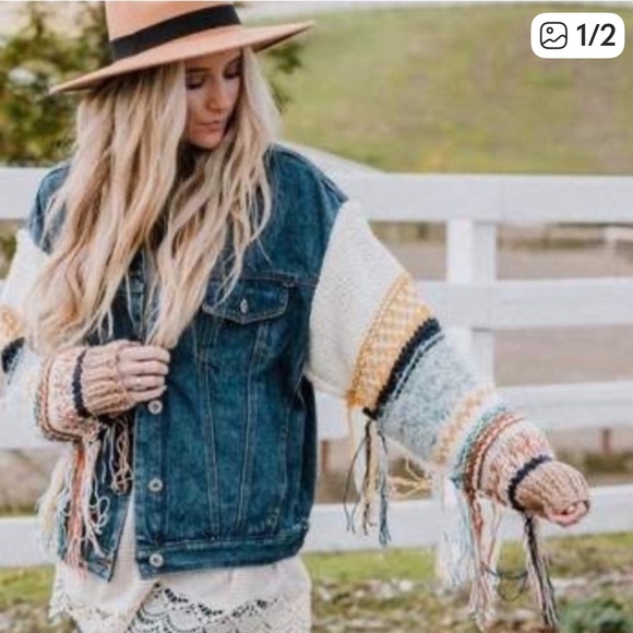 POL Denim Crochet Jacket with Fringe. Size Medium. Great condition. - Picture 2 of 16